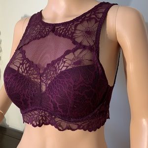 NWOT VS Pink high-collar lace detail bra in burgundy